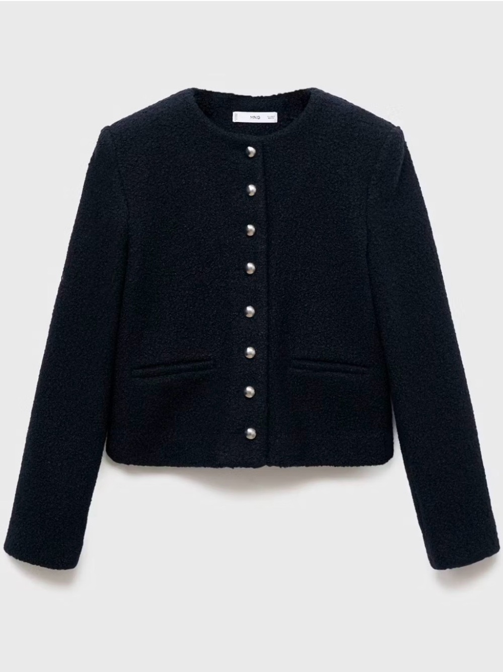 Mango Black Bouclé Cropped Jacket with Pearl-Style Buttons